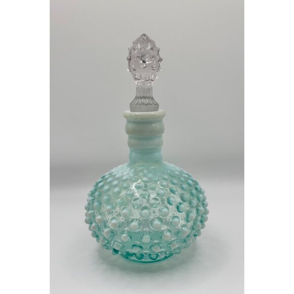 Vintage Aqua Blue Hobnail Glass Perfume Bottle With Clear Textured Stopper 7" - Picture 1 of 7